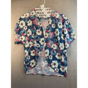 Womens Open‎ Front Blue Floral Kimono Lightweight Semi-Sheer XXL